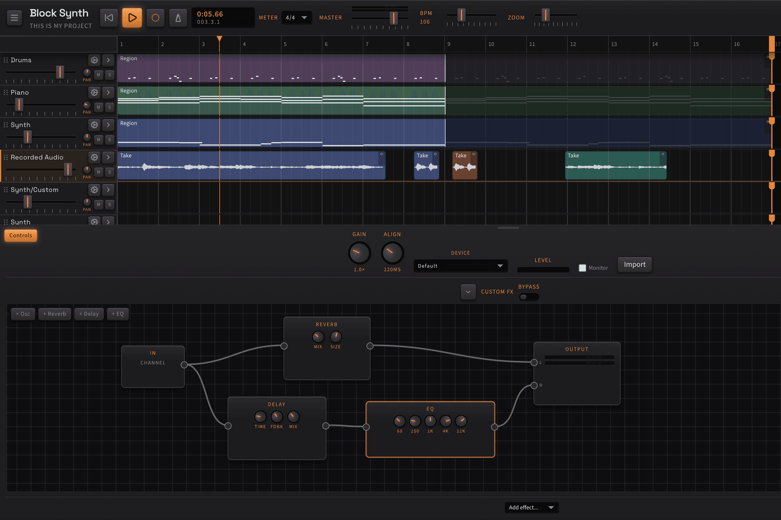 Block Synth interface showing tracks, playhead, and a node-based effects graph